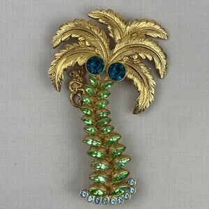 Vtg 1928 Gold Tone Blue Green Rhinestones Coconut Palm Tree Monkeys Brooch Pin